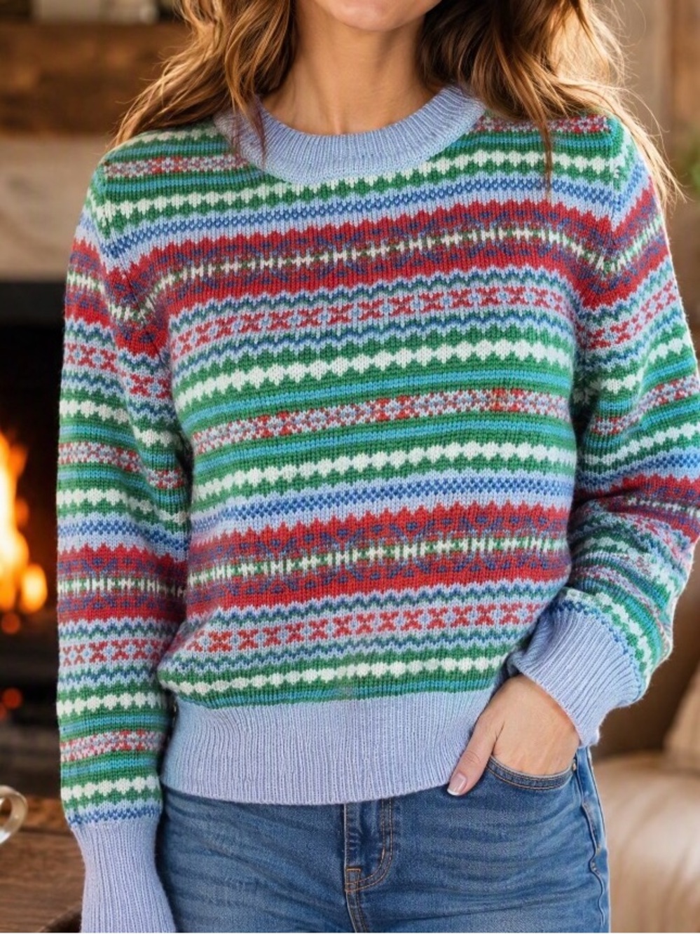 Fair Isle Crewneck Sweater in Green, Red & Light Blue - Women